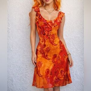 Vintage 90's Point Final Sheer Ruffle Dress Size L Orange Floral Paisley Sequin